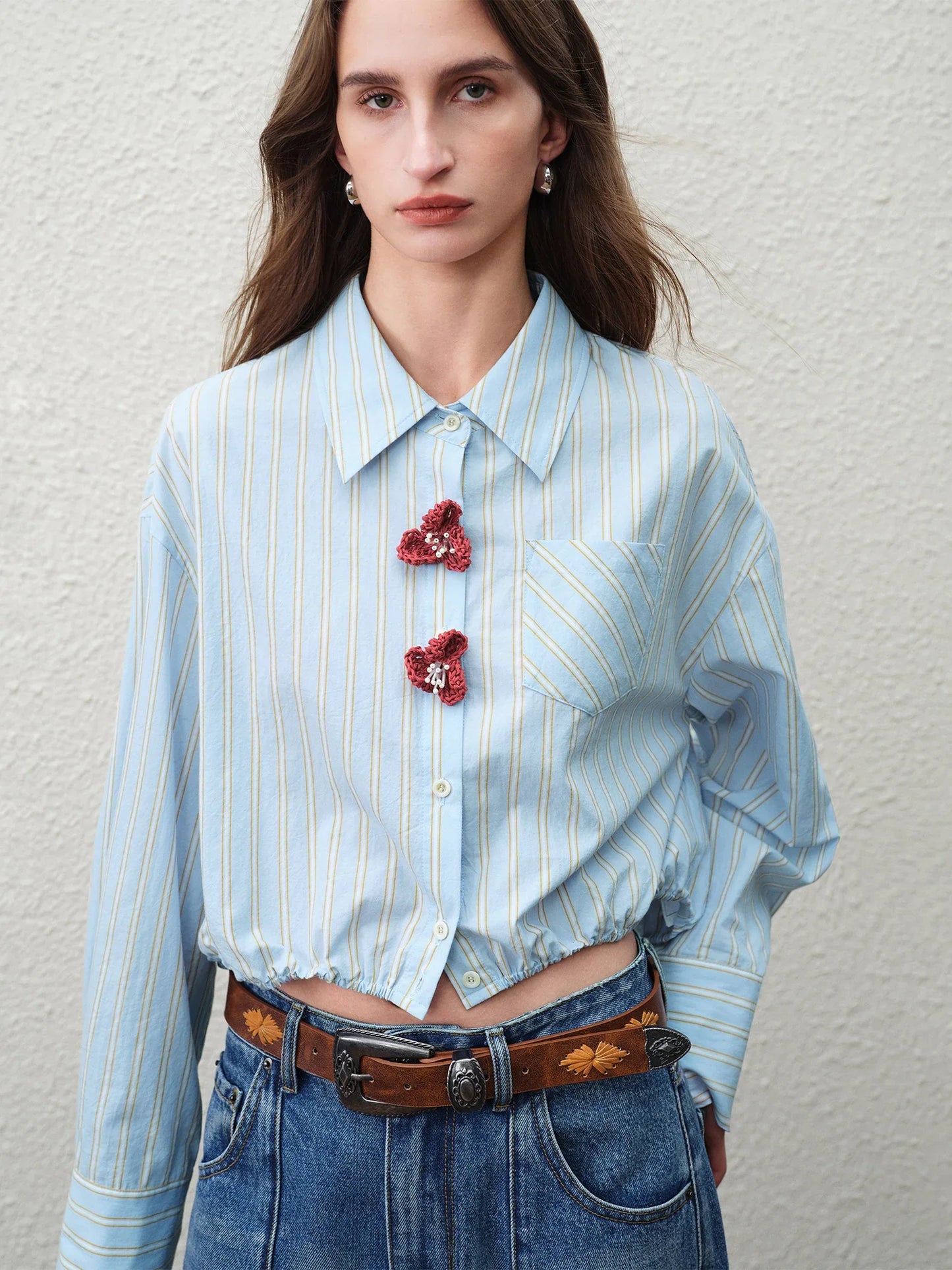 2026 Spring New Arrival Design Driven Stripe Short Sleeve Women's Long Sleeve Top 100% Cotton 3D Flower Buttons Blouses
