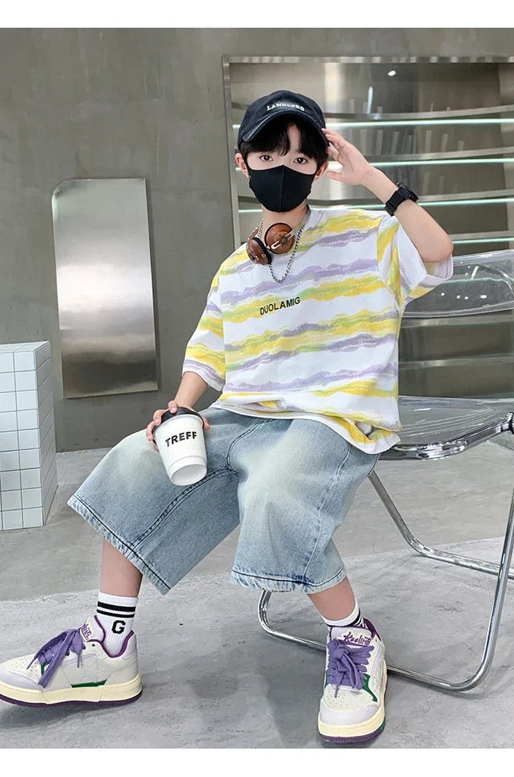 2025 New Arrival Summer Boy Clothing Set Yellow Stripe Tshirt + Denim Shorts Two Pieces Outfit Clothes Set for Kids Child 5-14T