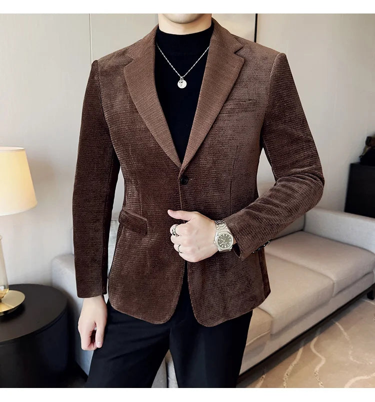 Autumn Winter Fashion Seaweed Pattern Suit Jacket High Quality Luxury Slim Fit Casual Men's Blazers Coats Social Prom Tuxedo