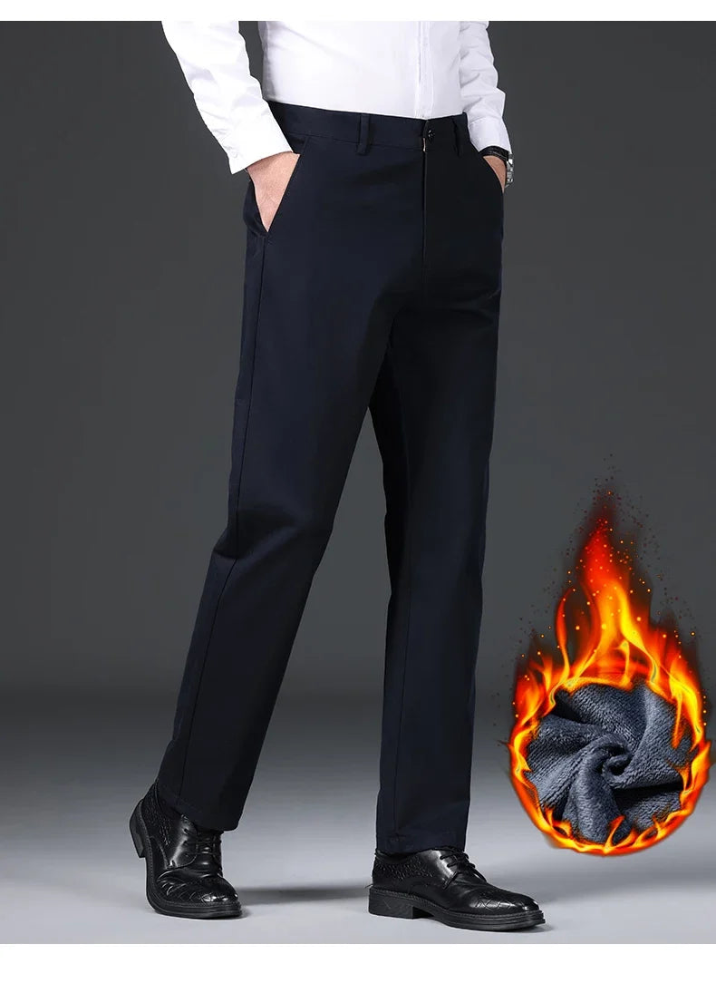 97% Cotton Straight Velvet Casual Pants Men Stretch Loose Classic Business Warm Trousers High Quality Winter Thick Fleece Pants