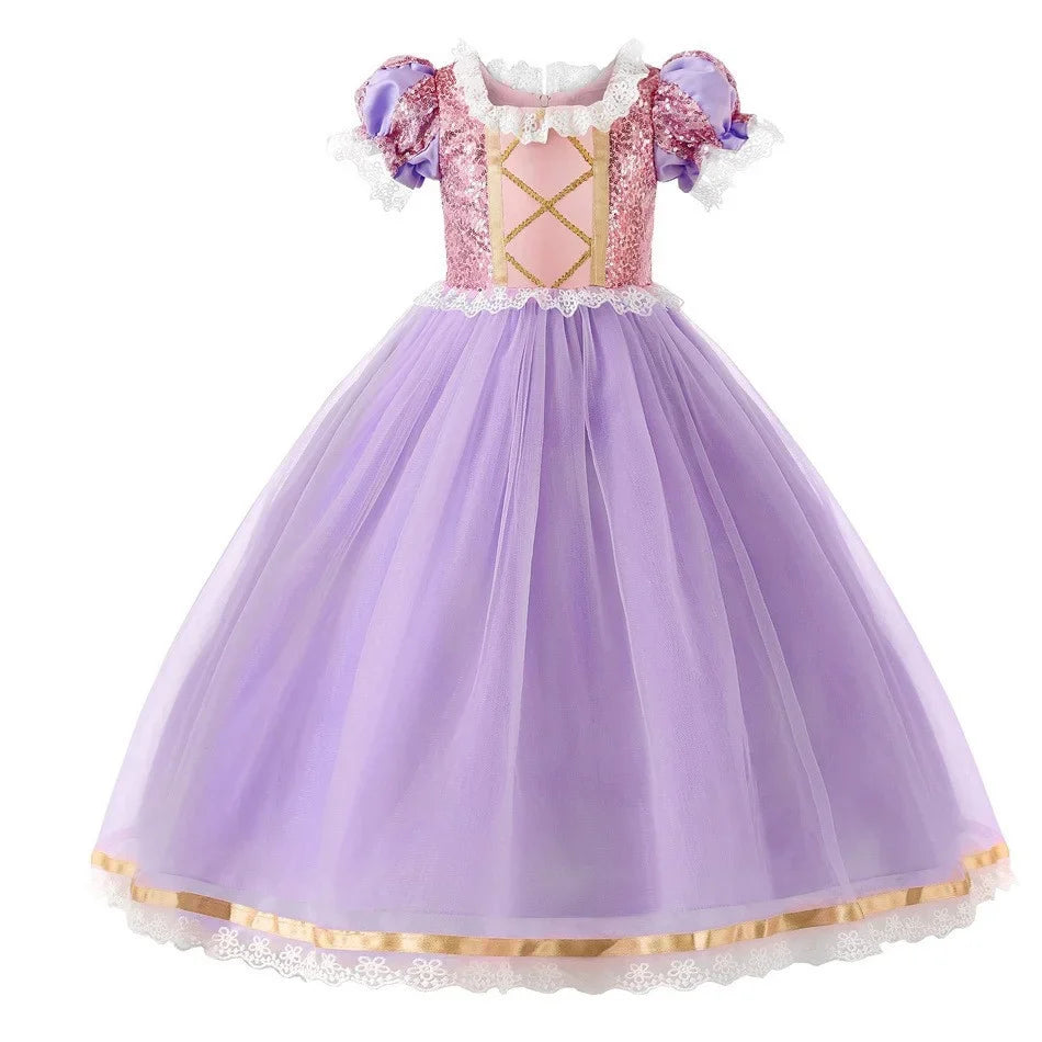 Rapunzel Short Sleeve Purple Puffy Dress + Accessories Girls Cosplay Rapunzel Summer Casual Dress Birthday Party Gift