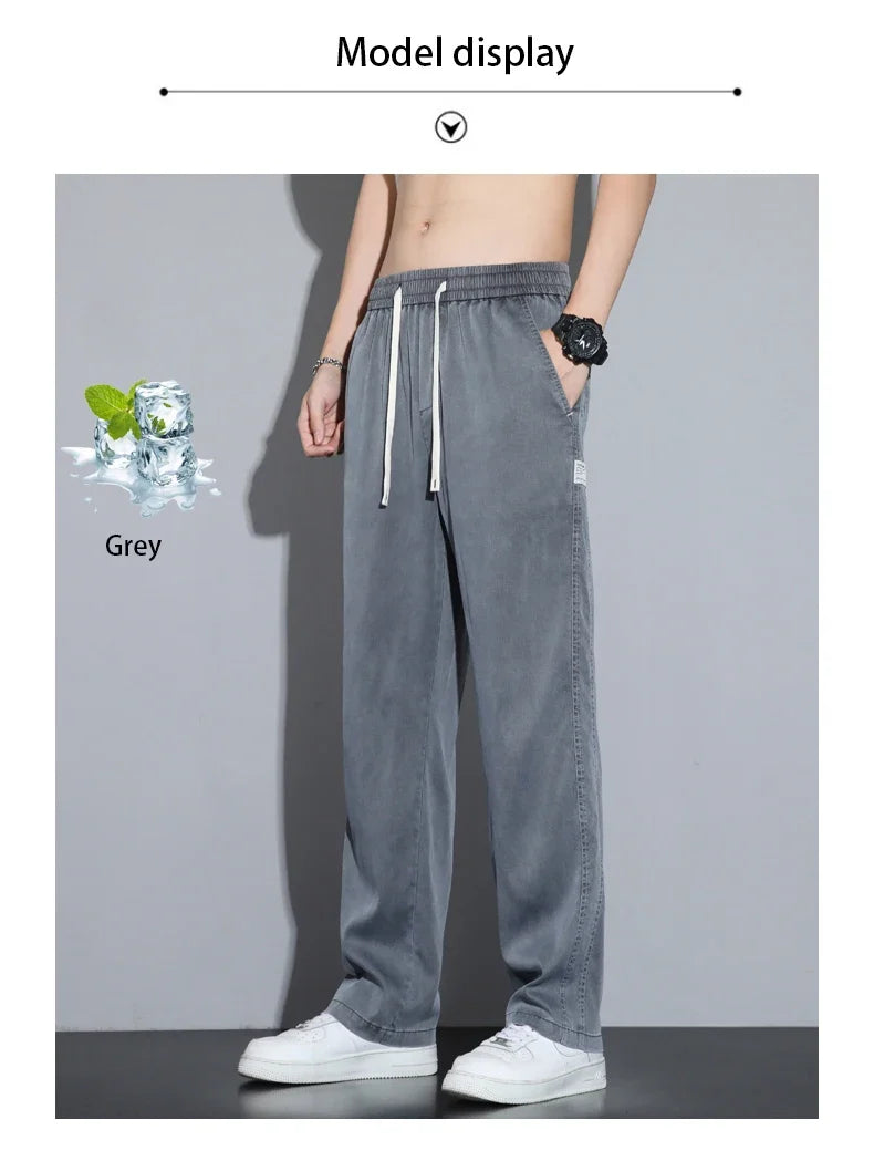 Summer Soft Lyocell Fabric Men's Jeans Thin Loose Straight Pants Drawstring Elastic Waist Korea Casual Trousers Plus Size M-5XL