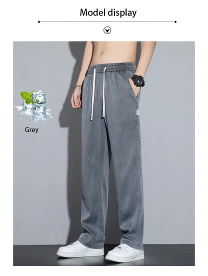 Summer Soft Lyocell Fabric Men's Jeans Thin Loose Straight Pants Drawstring Elastic Waist Korea Casual Trousers Plus Size M-5XL