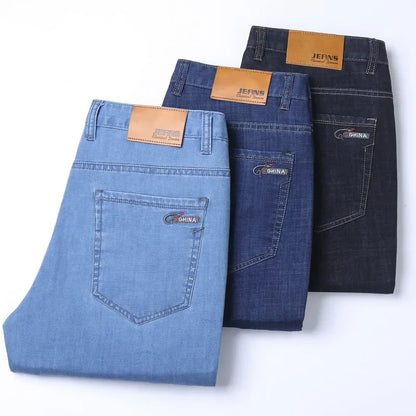 New Ice Silk Thin Denim Jeans for Men Blue Straight Stretch Cotton Denim Pant Business Casual Lightweight Trousers Spring Summer