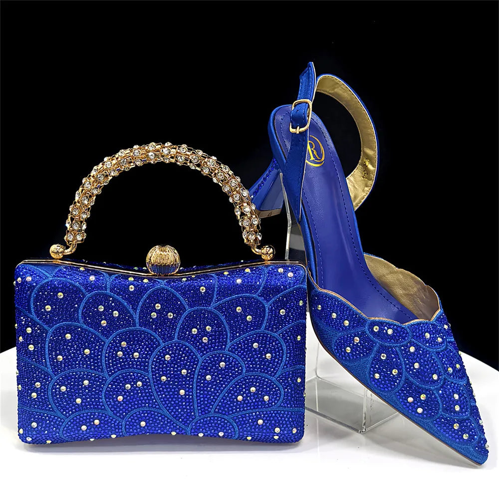 2026 New Shiny Italian Fashion Pointed Toe Women Heel Fashion Rhinestone Decoration Peach Color Shoes And Bag Set