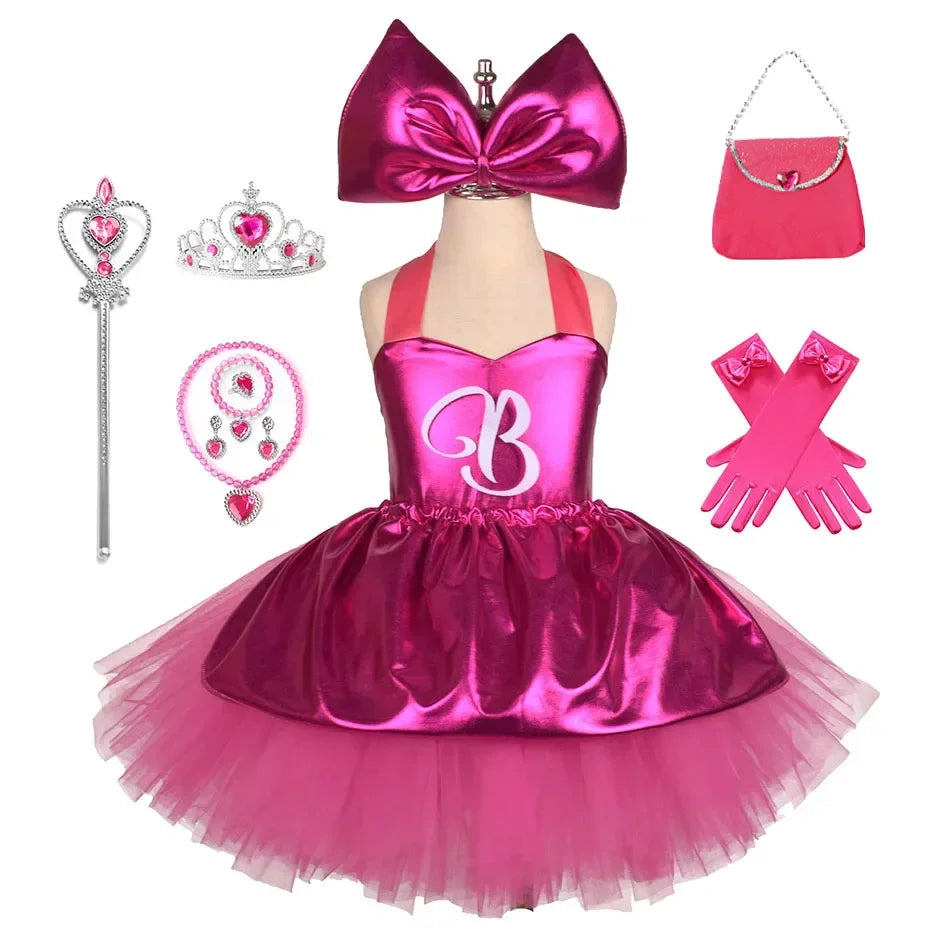 Princess Girls Rosy Knee Length Letter B Tutu Dresses for Girl Birthday Party Halloween Christmas Costumes Margot Robbie Cosplay