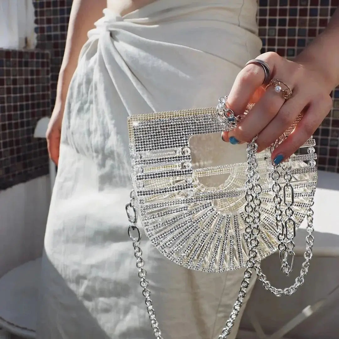 Women's Half-Moon Evening Bag Luxury Designer Rhinestone clutch bag Fan Shape Golden Party Bag Mini Sparkling Wedding Purse