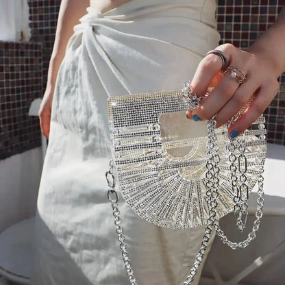 Women's Half-Moon Evening Bag Luxury Designer Rhinestone clutch bag Fan Shape Golden Party Bag Mini Sparkling Wedding Purse