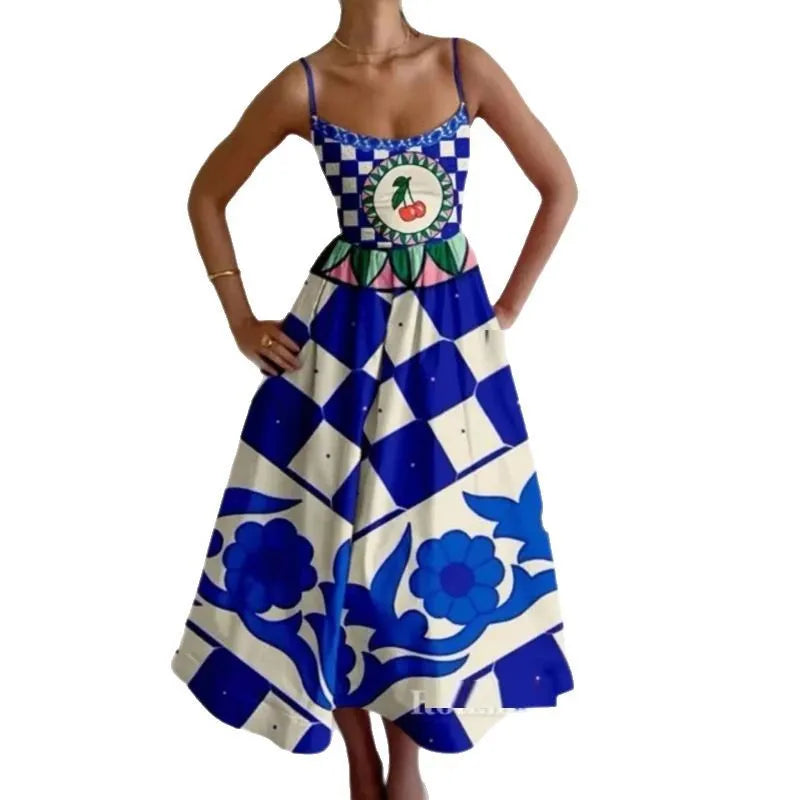Fashion Women Print Suspenders Blue Ocean Fish Pattern Sexy Long Dress 2025 New Spring Summer Temperament Maxi Dresses
