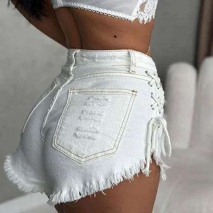 HOUZHOU Women's Cross-strap Shorts White Sexy High-Waisted Slim-Fit Denim Shorts Summer High Street Wrapped Hip Short Jeans