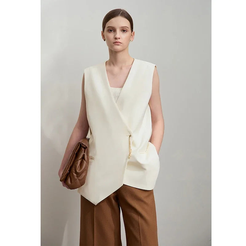 Minimalism England Style Vest Women 2025 Autumn New Gentle Commuter Versatile Sleeveless Loose Mid-Length Vest 12521012