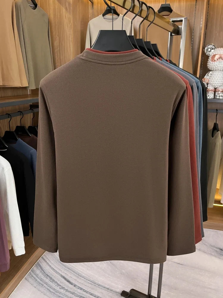 High end brand velvet long sleeve T-shirt men's autumn new fashion Korean bee embroidery comfortable warm round neck pullover