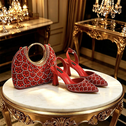 2026 New Arrival Italian-Inspired Peach Rhinestone Pointed Toe Women’s High Heels with Matching Handbag Set – Elegant Wedding