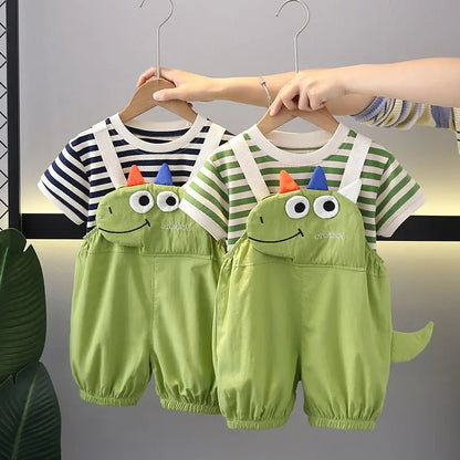 Summer Kids Boys Clothing Toddler Casual Dinosaur Clothes Strips T Shirt Cartoon Bib  Short Pants 2Pcs/Set Children Suit Sets
