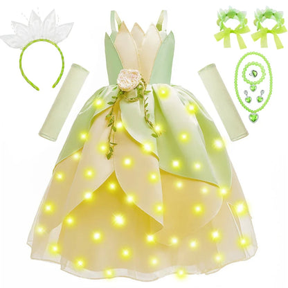 Tiana Cosplay Costume for Girls Fancy Princess Cosplay The Frog Dress Carnival Birthday Party Kids Frock Ball Gowns Clothes
