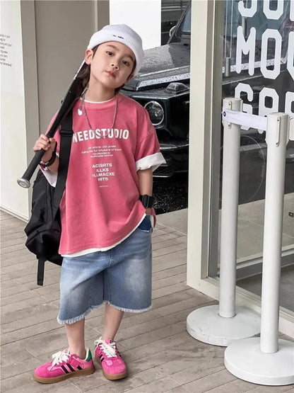2026 New Boys' Summer 100% Cotton Streetwear Short Sleeve T Shirt Casual Half Sleeve Clothing