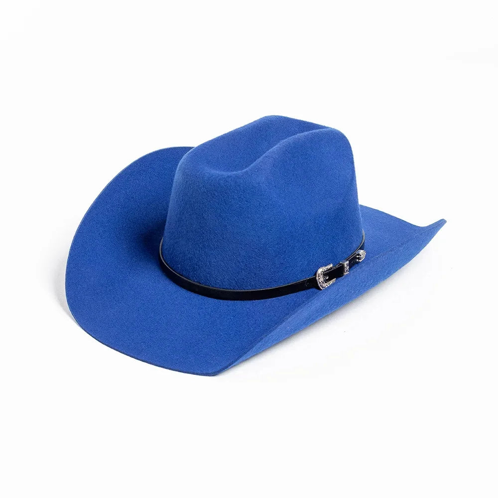New Autumn Winter Women Fedoras with Belt Buckle Wide Brim Rolled Wool Cowboy Hat M L Size Obtainable