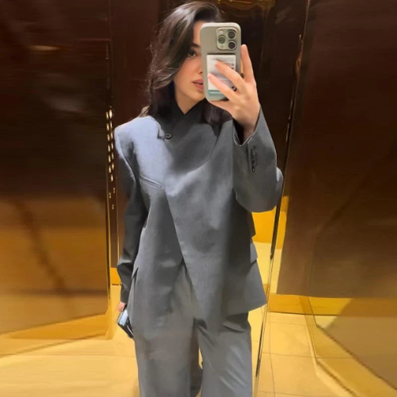 Woman 2025 Asymmetric Dark Grey Blazer Woman Autumn Women's Blazer Crop Long Sleeve Fitted Jacket Korean Popular Outerwears