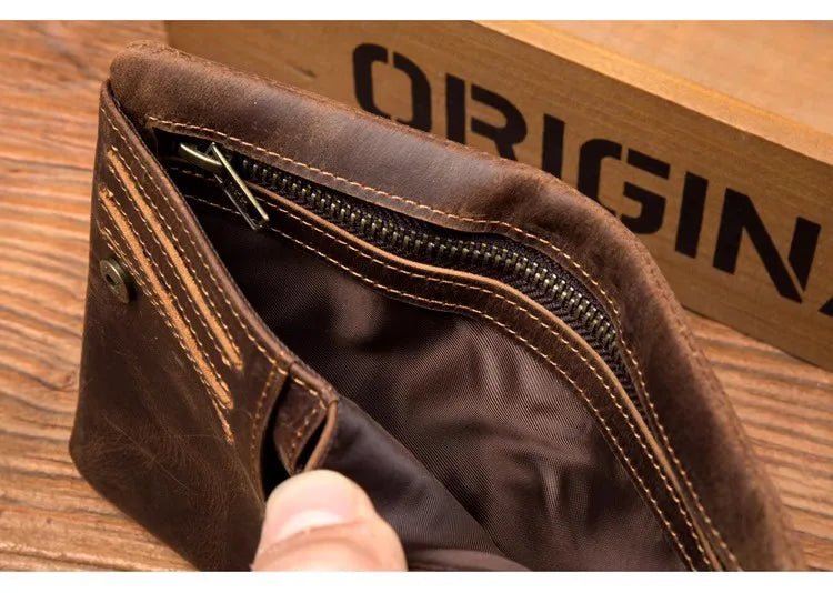 Handmade crazy horse leather wallet retro vertical zipper wallet first layer cowhide simple old wallet man