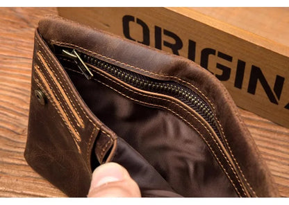 Handmade crazy horse leather wallet retro vertical zipper wallet first layer cowhide simple old wallet man