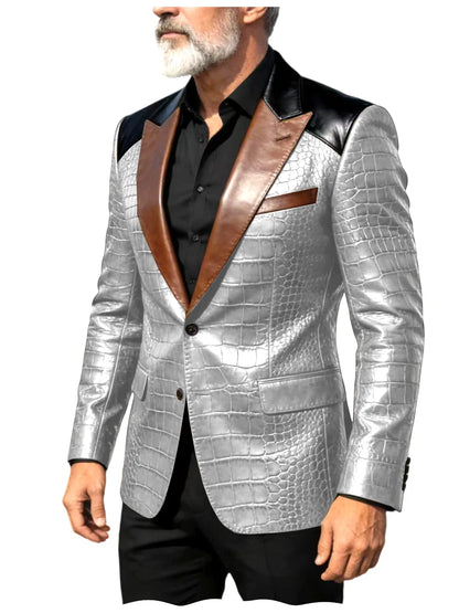 Men's Crocodile Embossed Leather Blazer Luxury Patchwork PU Leather Suit Jacket Slim Fit Peaked Lapel Casual Business Outerwear