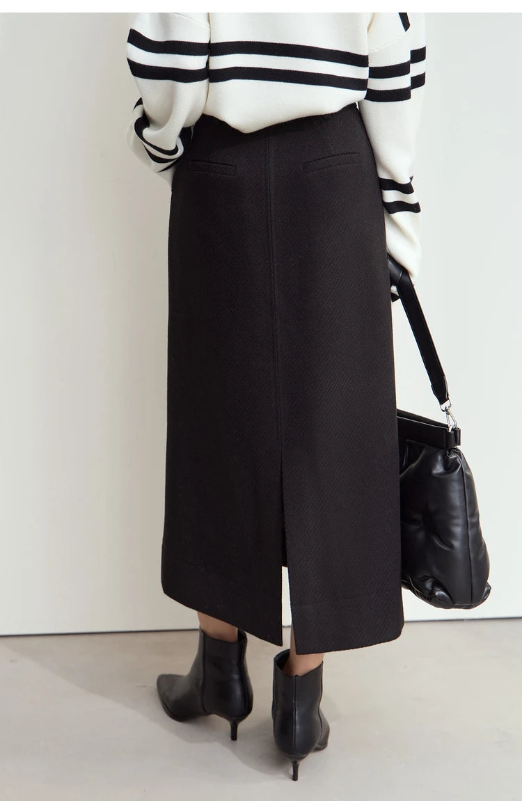Minimalism Women's Elegant Commuter Skirts with Velvet Belt 2024 Winter Twill Fabric Warm Slit Straight Midi Skirt 12444183