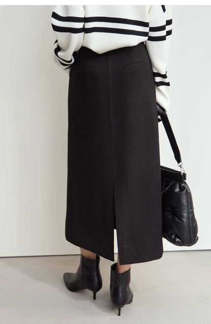 Minimalism Women's Elegant Commuter Skirts with Velvet Belt 2024 Winter Twill Fabric Warm Slit Straight Midi Skirt 12444183