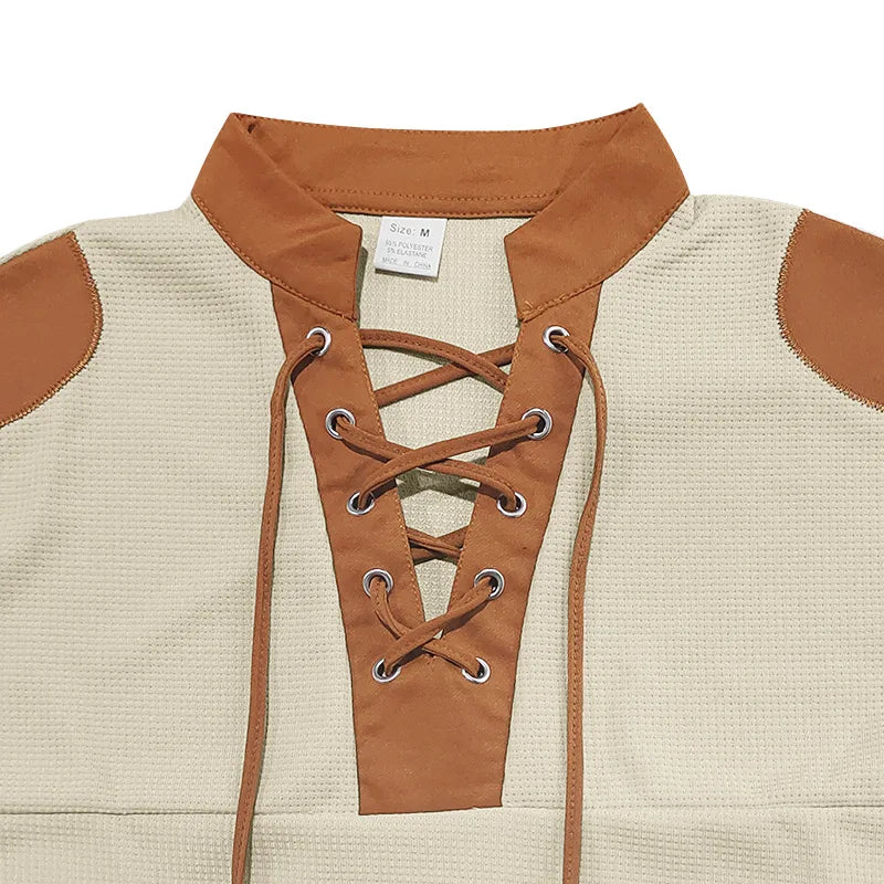 Cross-border new men's waffle color matching strap V-neck top casual long-sleeved bottoming T-shirt