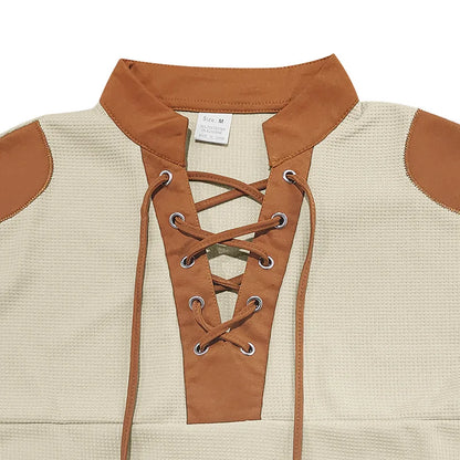 Cross-border new men's waffle color matching strap V-neck top casual long-sleeved bottoming T-shirt