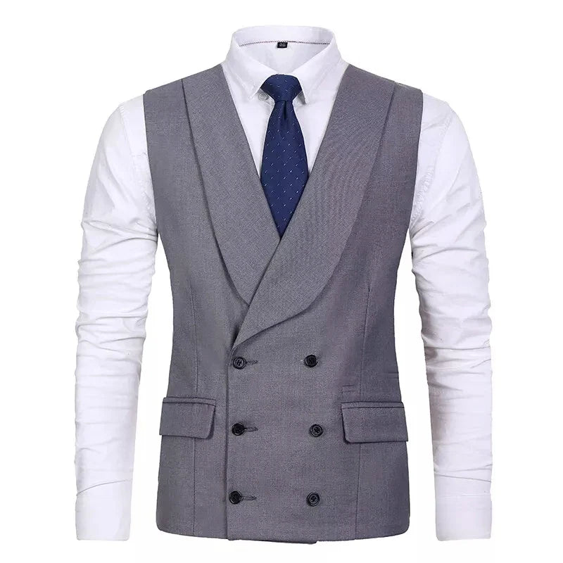 Men Vest Gray Double Breasted Casual Business Waistcoat Jacket Formal Slim For Groosmen Wedding Banquet Suit