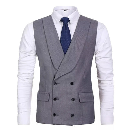 Men Vest Gray Double Breasted Casual Business Waistcoat Jacket Formal Slim For Groosmen Wedding Banquet Suit
