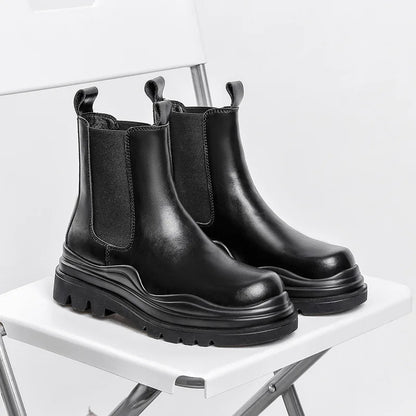 Fashion Mens Sheoes Platform Chelsea Boots Thick Bottom Split Leather Ankle Boots Male Footwear Round Toe Short Boots