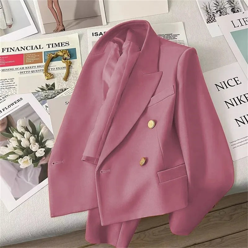 High-Quality Double Breasted Crop Blazer Women Korean Solid Long Sleeve Suit Coat Office Ladies Elegant Short Jacket Female Coat