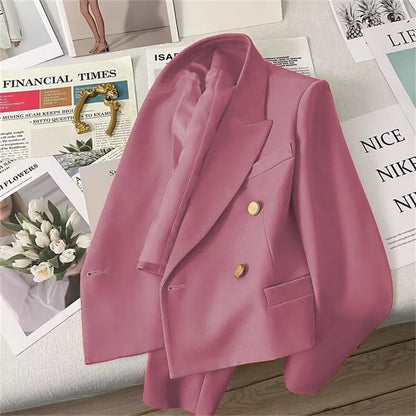 High-Quality Double Breasted Crop Blazer Women Korean Solid Long Sleeve Suit Coat Office Ladies Elegant Short Jacket Female Coat