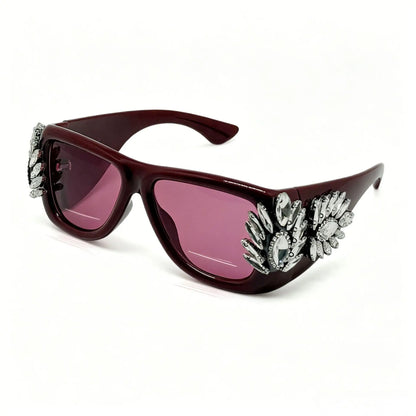 Women Oversized Square Cat Eye Sunglasses Luxury Rhinestone Floral Side Decor UV400 Thick Frame Shades for Party Nightclub