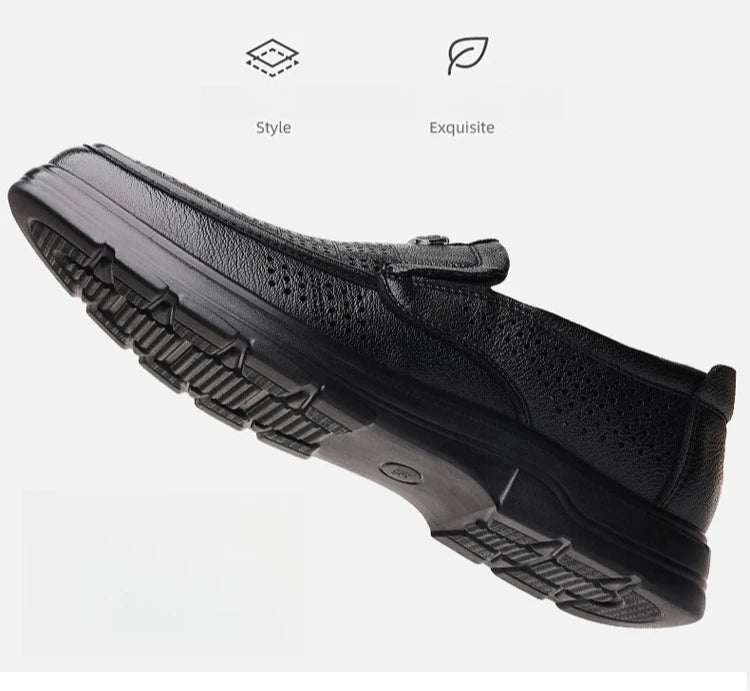 Men's Summer Breathable Leather Loafers Brown Hollow Out Slip-On Shoes Male Thick Sole Comfortable Non-slip Work Shoes for Man