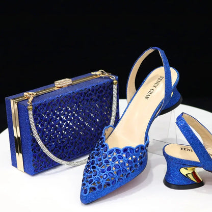 Low Heel Shoes for Women Hollowed Out Embroidery Rhinestone Italian Design Gold Color Pointed-Toe Shoes and Bags Set
