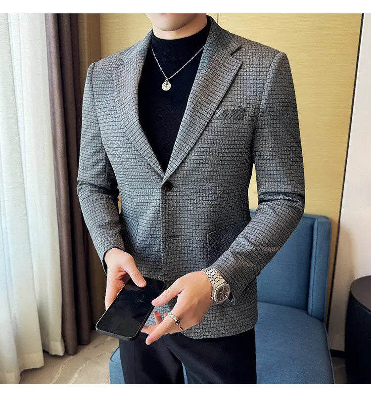 Men's Elegant Grid Suit Jacket 2026 Spring New Fashion Slim Blazer Jackets Social Prom Dress Jacket Men's High Quality Clothing
