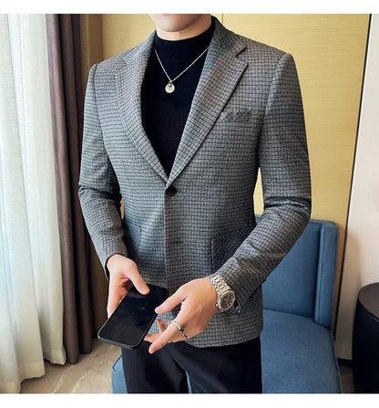 Men's Elegant Grid Suit Jacket 2026 Spring New Fashion Slim Blazer Jackets Social Prom Dress Jacket Men's High Quality Clothing