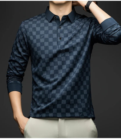 Polo Shirts for Man Autumn Business Slim Fit Long Sleeve T Shirt Men 2026 New Casual Loose Pullover Plaid Men Tops & Tees
