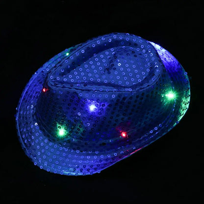 Unisex Light Up Flashing Led Fedora Trilby Jazz Hat Panama Cap Sequin