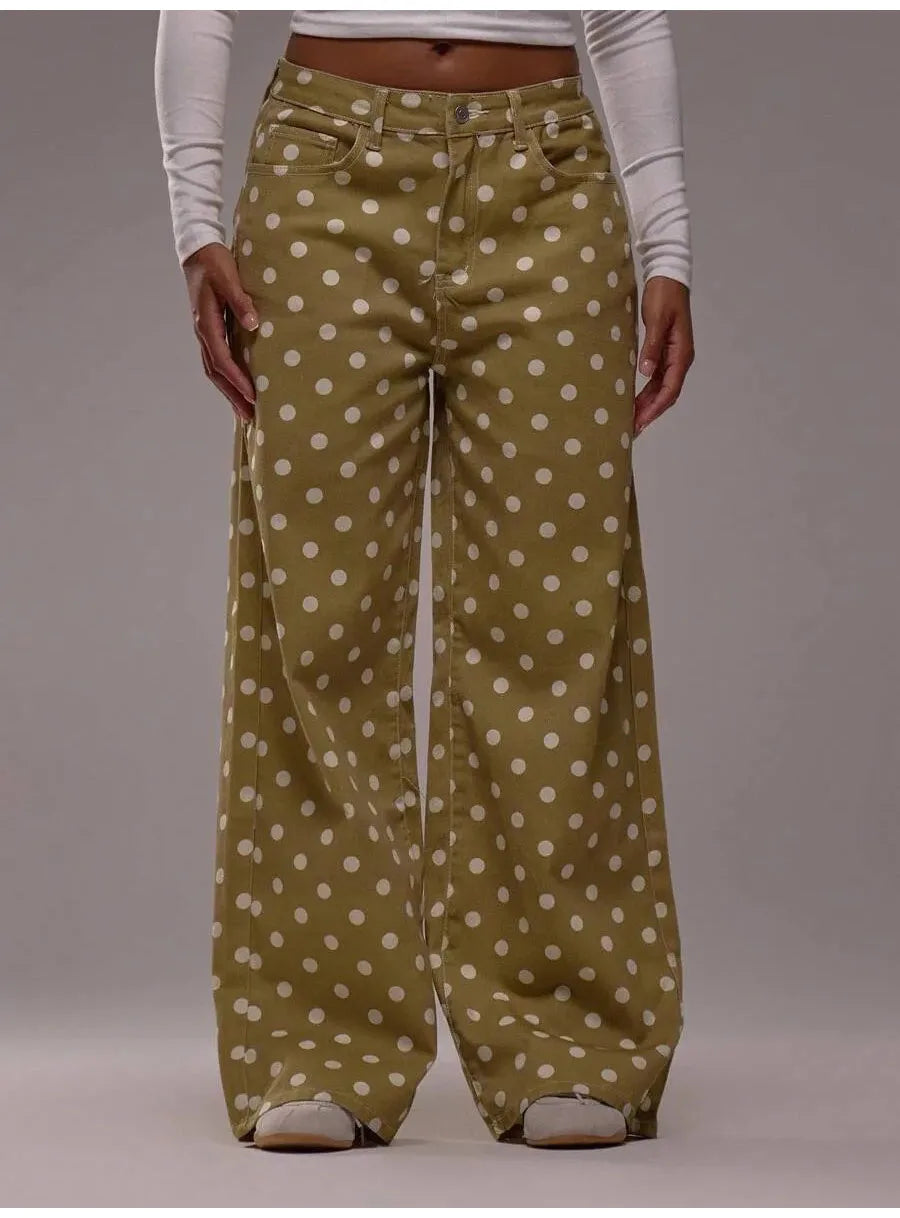 Spring Autumn High Wasit Jeans Pants Women 2026 Fashion Vintage Polka Dot Print Wide Legging Denim Trousers Bottoms Casual