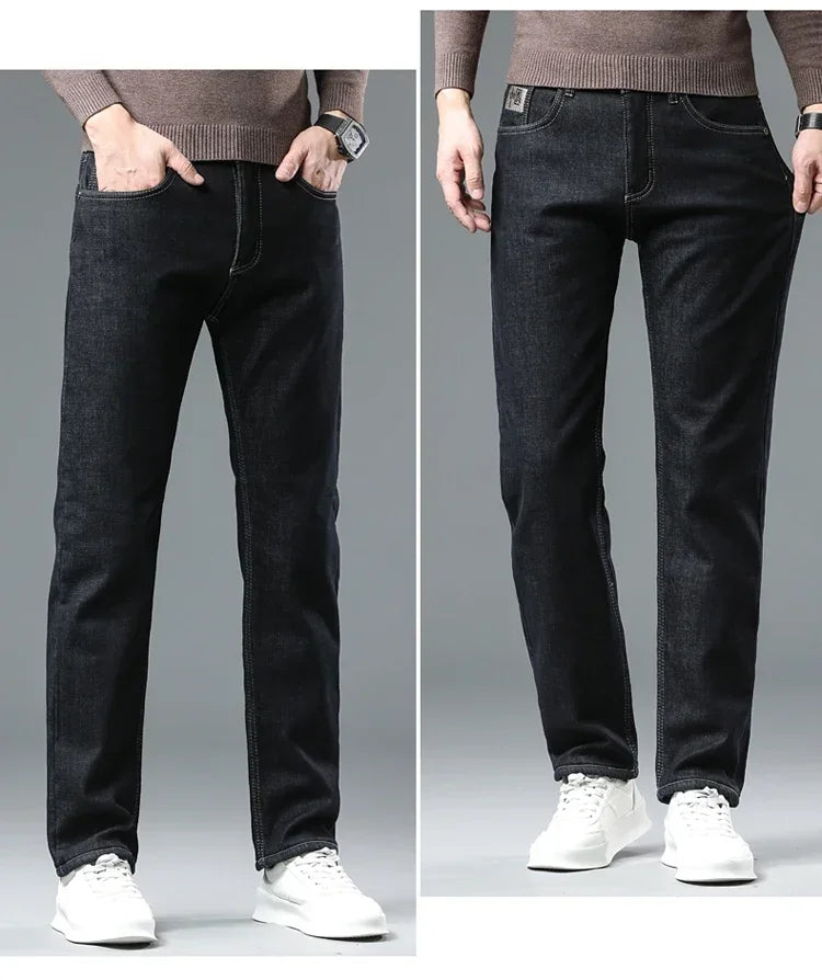 Winter Warm Fleece Jeans Men 2023 Straight Stretch Thick Casual Thermal Denim Pants Male Business Work Trousers New Men Clothing