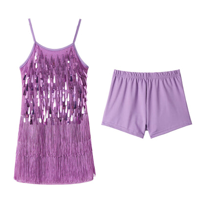 LOlanta 2Pcs Girls Sequin Latin Dance Dress Tassel Salsa Dancewear Sequin Fringe Dress Performance Outfits