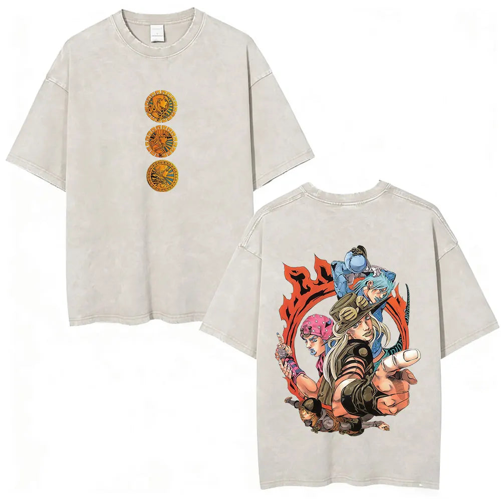 Anime Jojo Bizarre Adventure STEEL BALL RUN Manga Vintage Acid Washed T Shirt Men Women Casual Short Sleeves T-shirt Streetwear