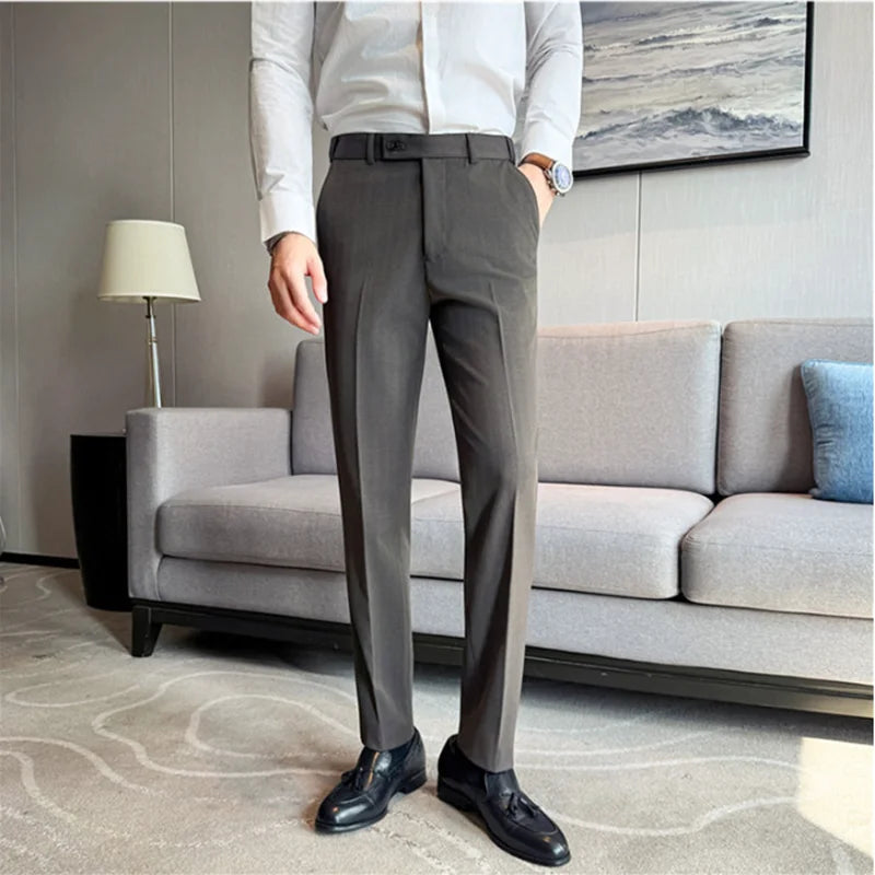 High Quality Pinstripe Slim Fit Suit Pant Men Stretchable Elastic Waist Slim Fit Business Social Wedding Party Casual Trousers