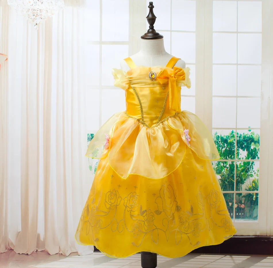 Beauty Belle Princess Cosplay Dress Girl Yellow Floral Off Shoulder Mesh Kid LED Light Halloween Costume Birthday Surprise Gift
