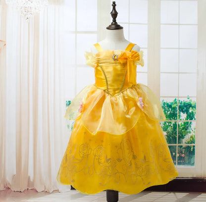 Beauty Belle Princess Cosplay Dress Girl Yellow Floral Off Shoulder Mesh Kid LED Light Halloween Costume Birthday Surprise Gift