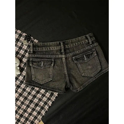 2026 Summer New Cute Hot Diamond Denim Low Waist Super Shorts Female Slim Black Gray Tight Y2k Shorts Hot Pants
