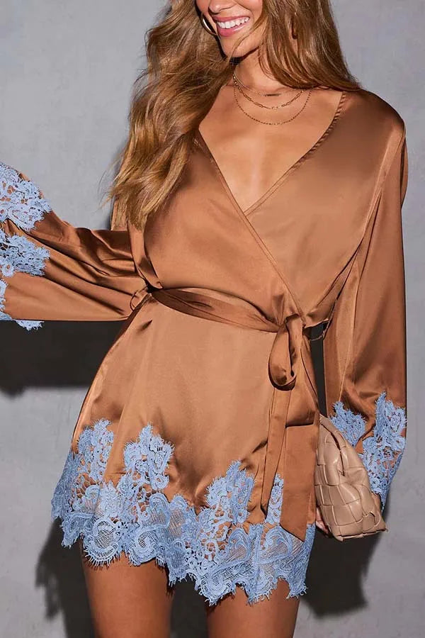 Sexy Chic Brown Lace Satin Womens Dress Spring Deep V Neck Hollow Mini Dress Autumn Long Sleeve Sashes Homewear Night Gown